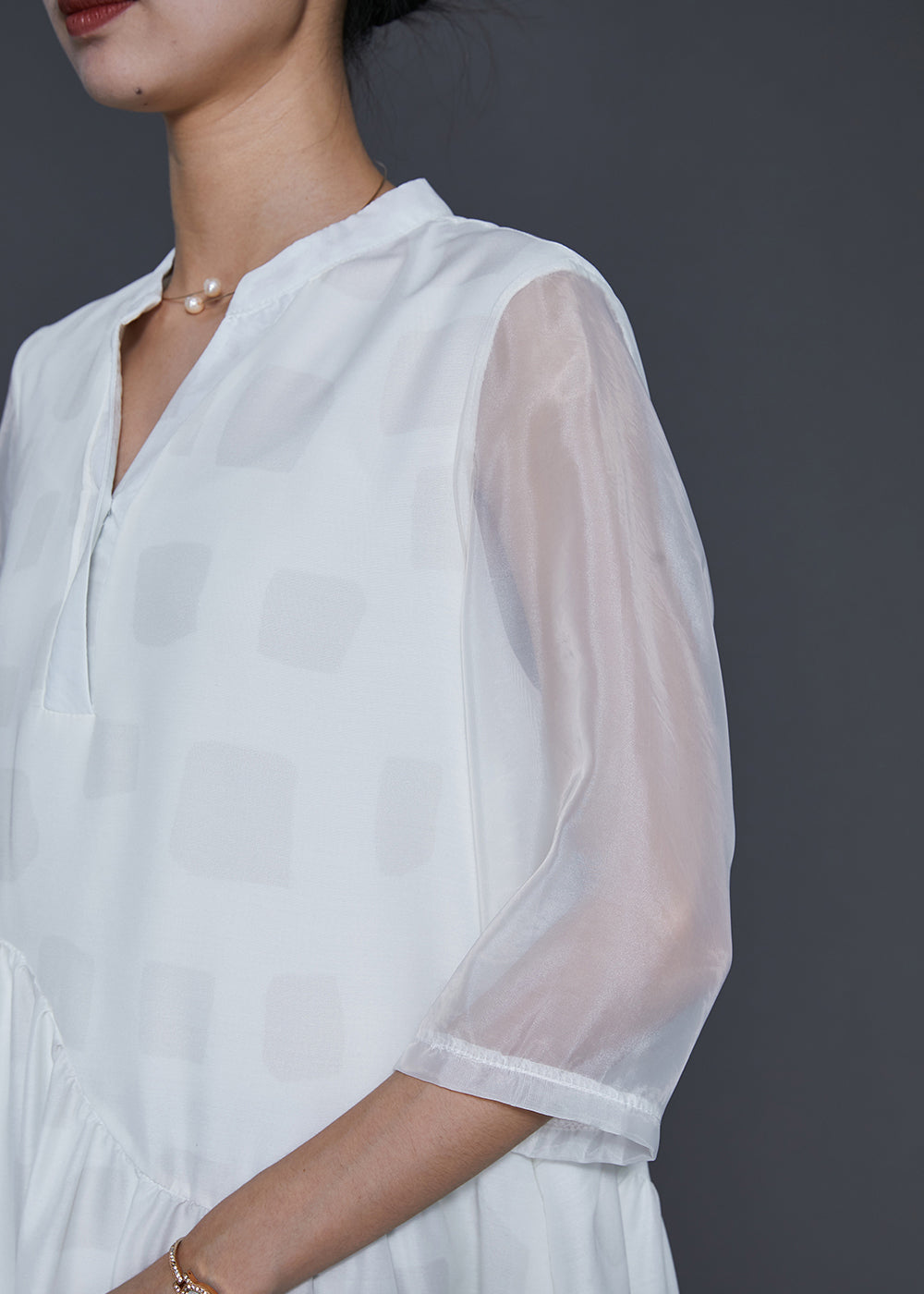 White V Neck Draping Silk Long Dresses Half Sleeve