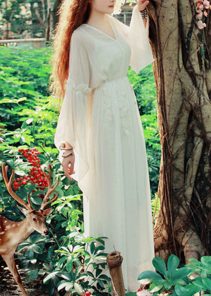 White V Neck Exra Large Hem Silk Cinch Long Dress Flare Sleeve