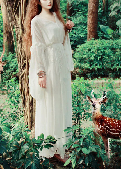 White V Neck Exra Large Hem Silk Cinch Long Dress Flare Sleeve
