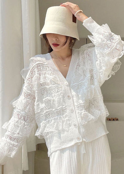 Fashion White V Neck Hollow Out Ruffled Blouses Spring