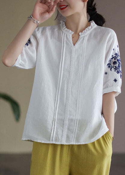 White V Neck Lace Patchwork Linen Shirt Top Short Sleeve