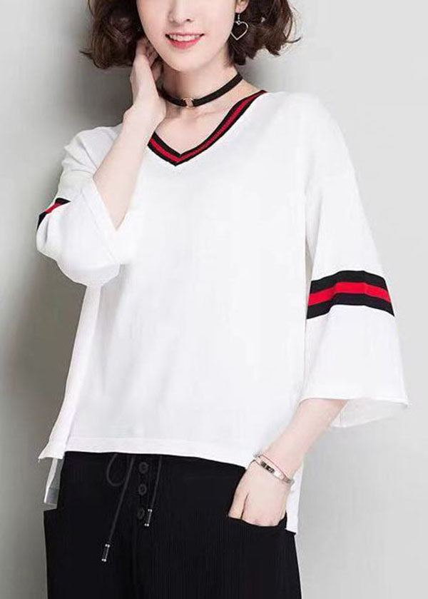 White V Neck Oversized Knit Tops Bracelet Sleeve