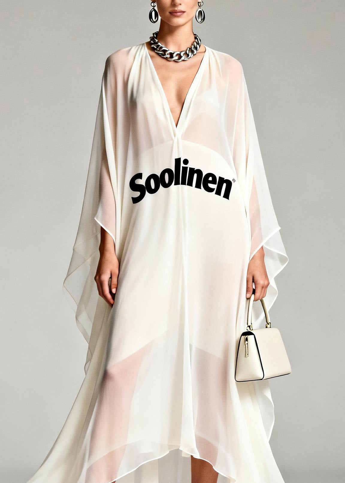 White V Neck Print Asymmetrical Chiffon Robe Dresses Summer
