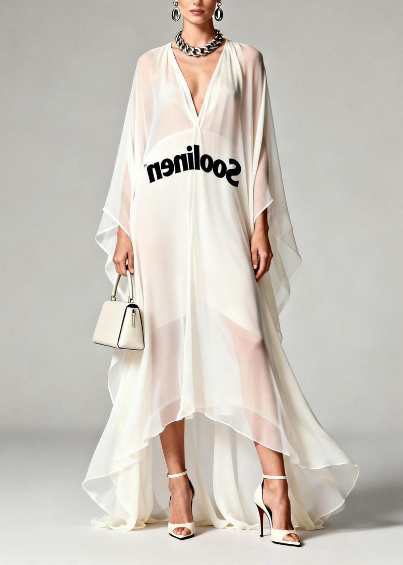 White V Neck Print Asymmetrical Chiffon Robe Dresses Summer