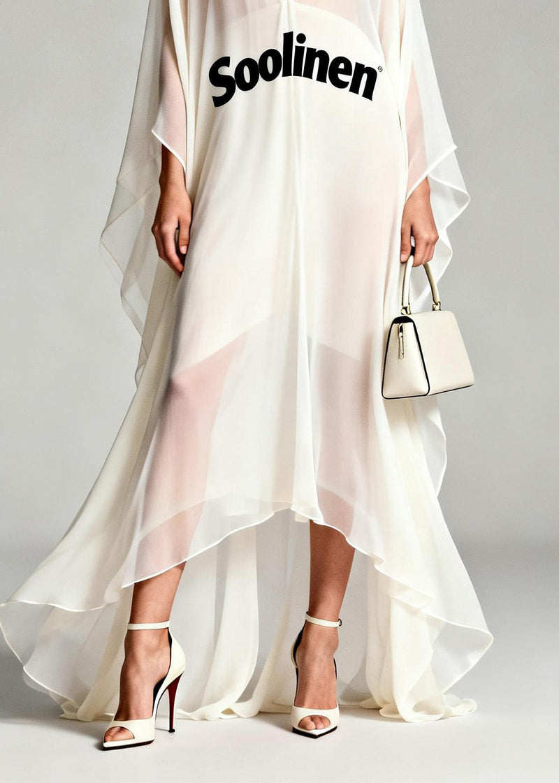 White V Neck Print Asymmetrical Chiffon Robe Dresses Summer