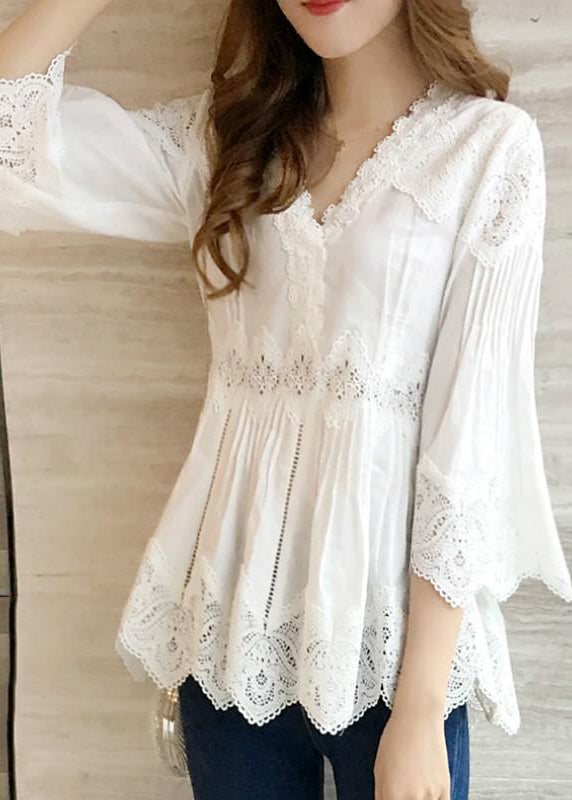 White V-neck Ruffles Hollow Out Shirts Spring