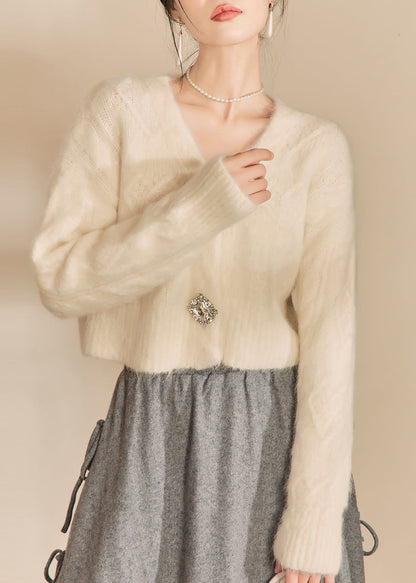 White V Neck Woolen Short Cardigans Spring