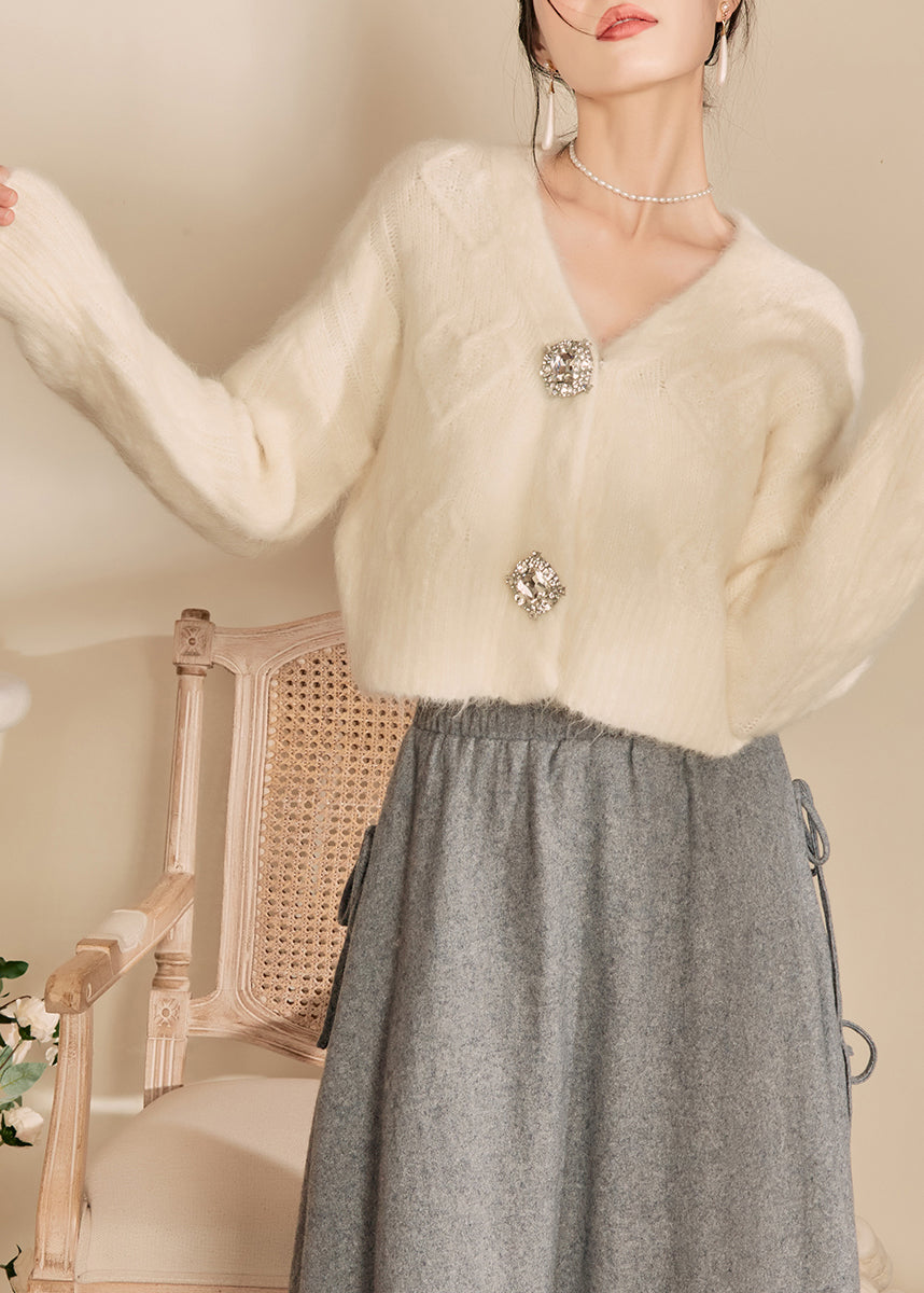 White V Neck Woolen Short Cardigans Spring