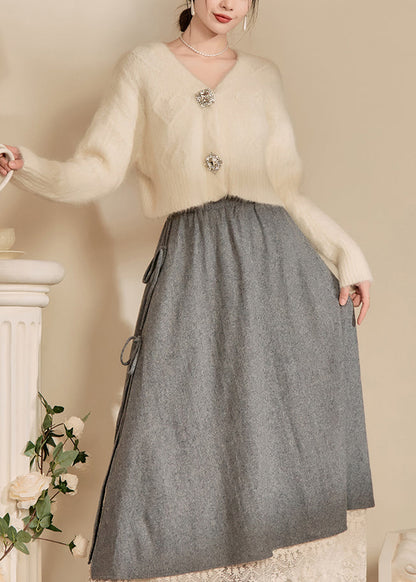 White V Neck Woolen Short Cardigans Spring