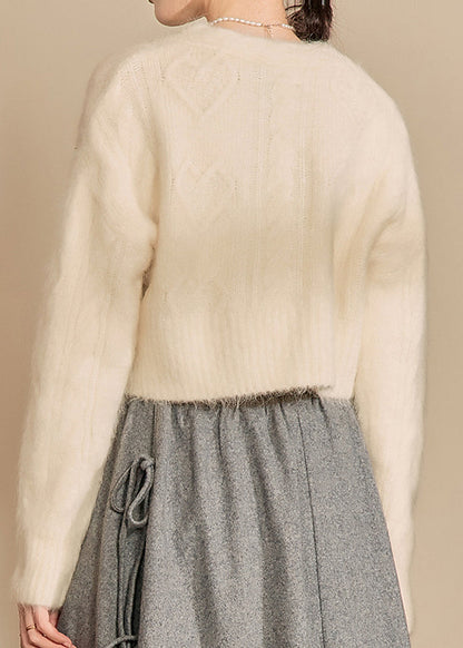 White V Neck Woolen Short Cardigans Spring