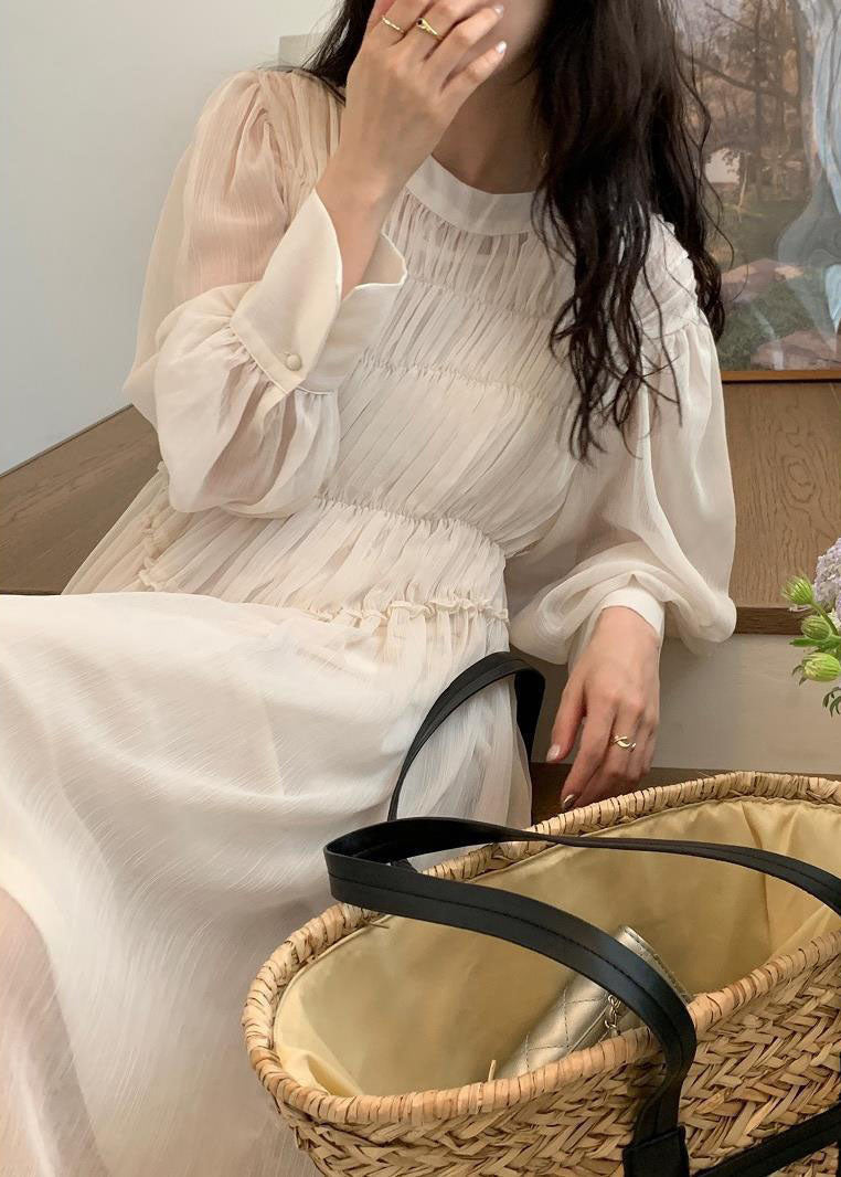 White Wrinkled Patchwork 2 Piece Outfit Chiffon Dress Spring