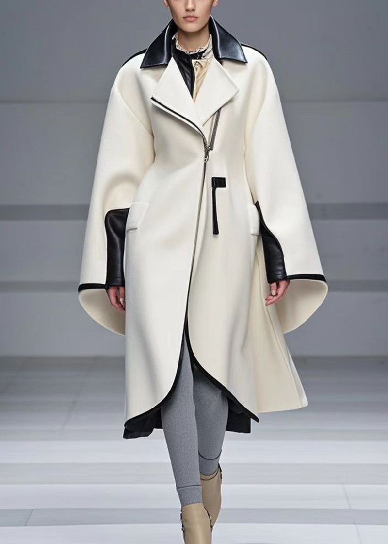 White Zip Up Patchwork Woolen Trench Coat Fall
