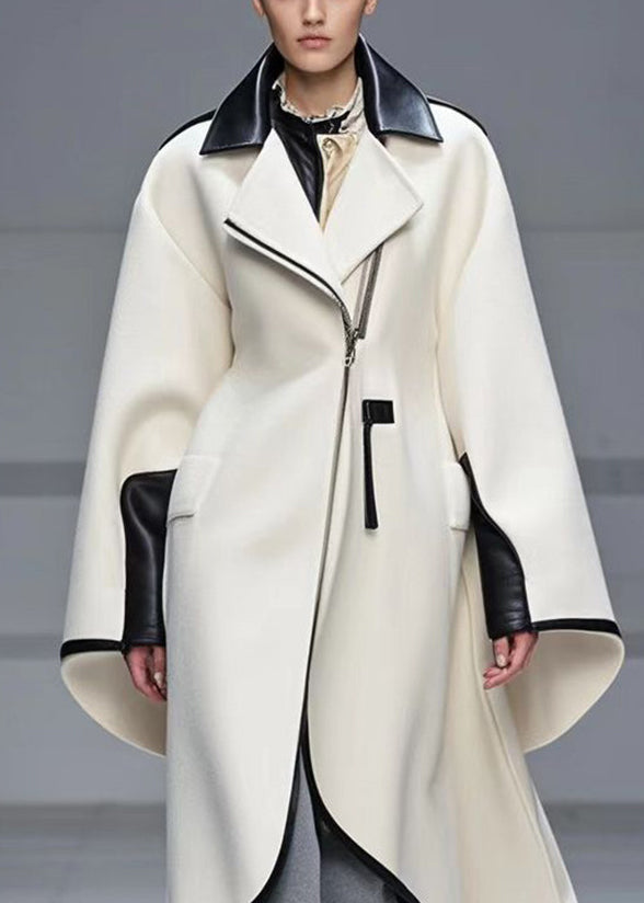 White Zip Up Patchwork Woolen Trench Coat Fall