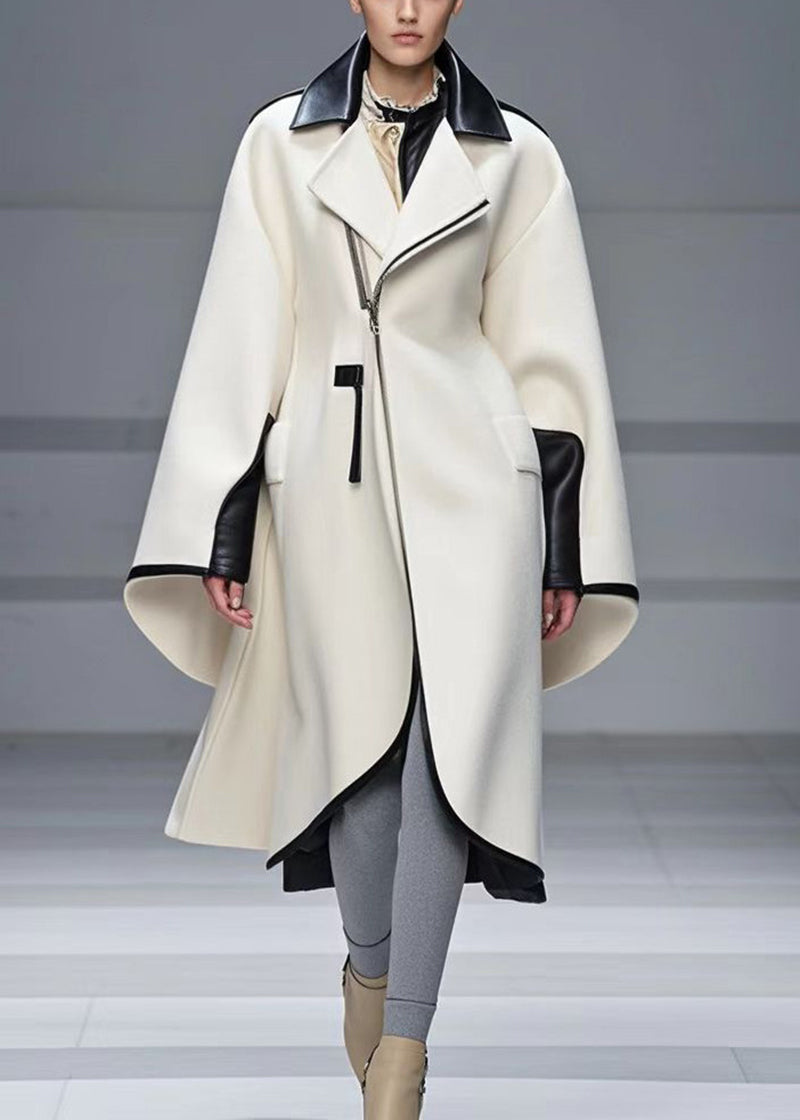 White Zip Up Patchwork Woolen Trench Coat Fall