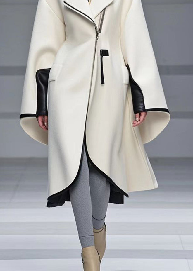 White Zip Up Patchwork Woolen Trench Coat Fall
