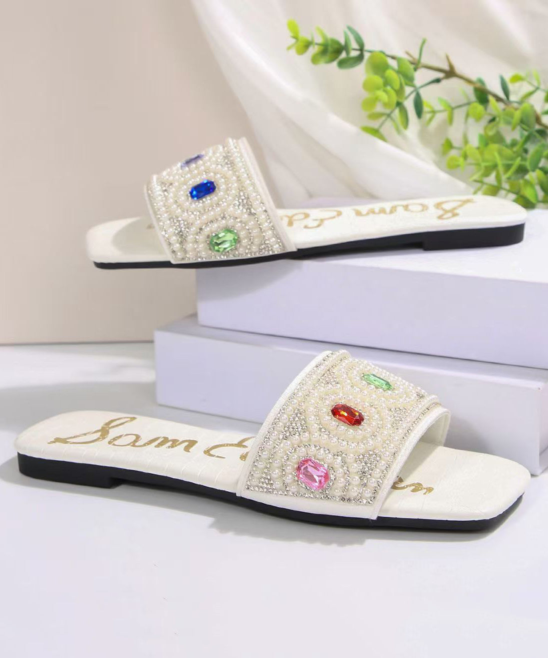 White Zircon Splicing Slide Sandals Slide Sandals