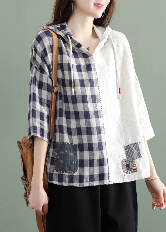 White Hooded Plaid Patchwork Fall Half Sleeve Shirt Top