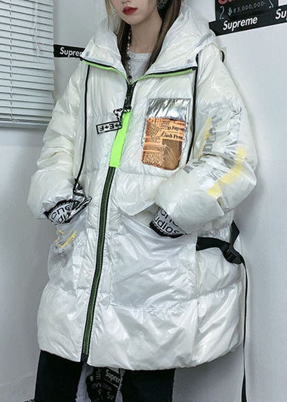 White Zippered Hooded Print Duck Down Coats Winter
