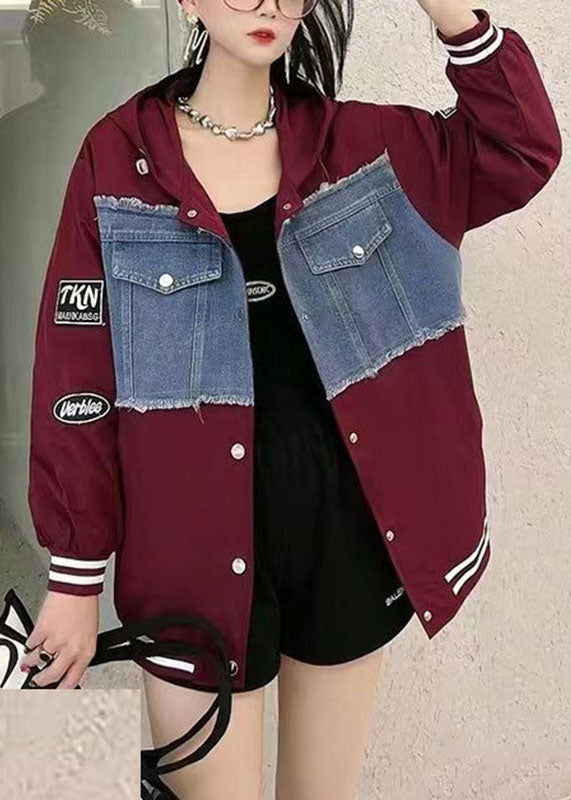 Wine Red Graphic Print Denim Patchwork Button Hooded Jacket Fall