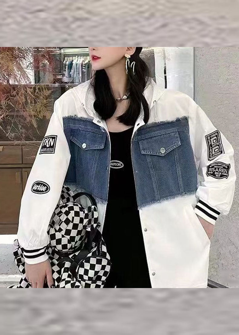 Wine Red Graphic Print Denim Patchwork Button Hooded Jacket Fall