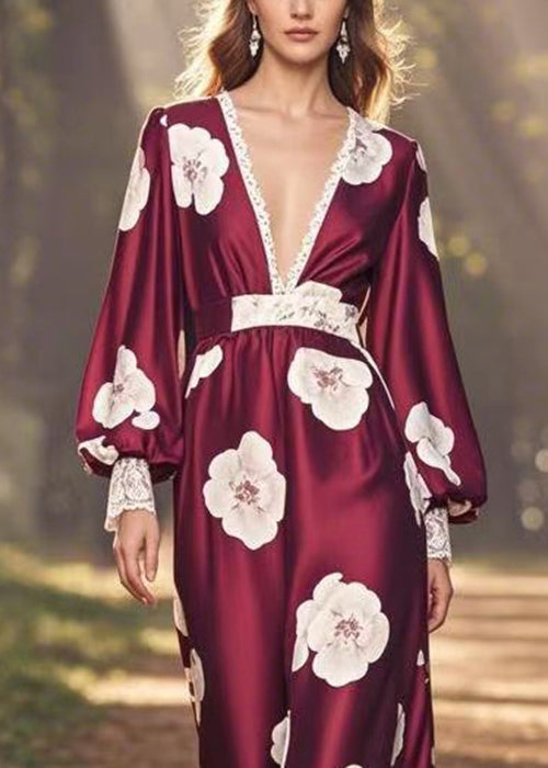 Wine Red V Neck Print Patchwork Silk Long Dress Spring