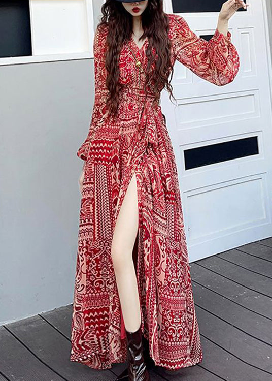 Wine Red V Neck Print Side Open Patchwork Long Dresses Fall