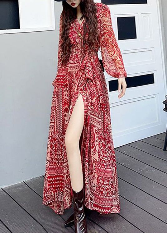 Wine Red V Neck Print Side Open Patchwork Long Dresses Fall