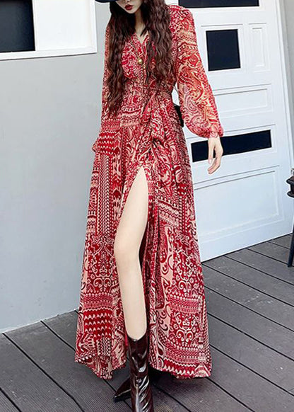 Wine Red V Neck Print Side Open Patchwork Long Dresses Fall