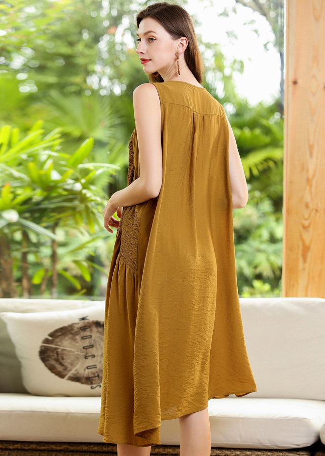 Yellow Asymmetrical Patchwork Wrinkled Cotton Dress Sleeveless