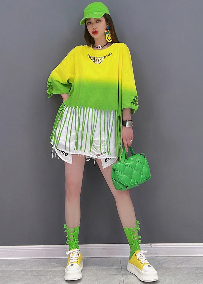 Yellow Blue Gradient Color Hole Patchwork Tassel Cotton Tanks Half Sleeve