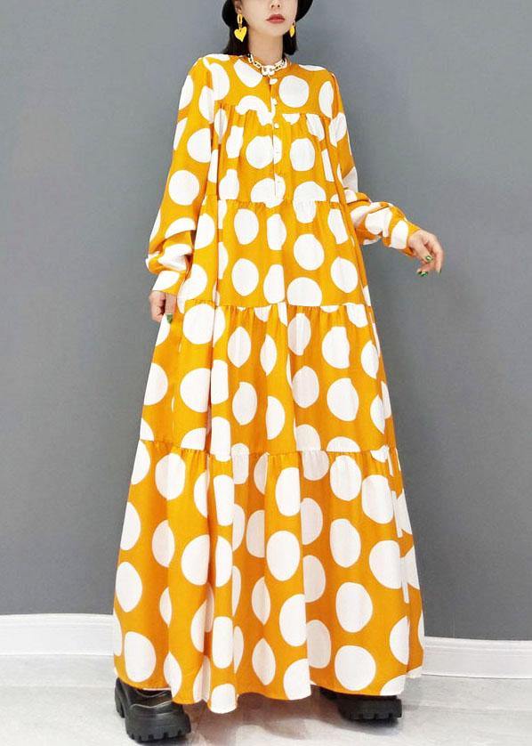 Yellow Button Print Fall Long Sleeve Holiday Dress