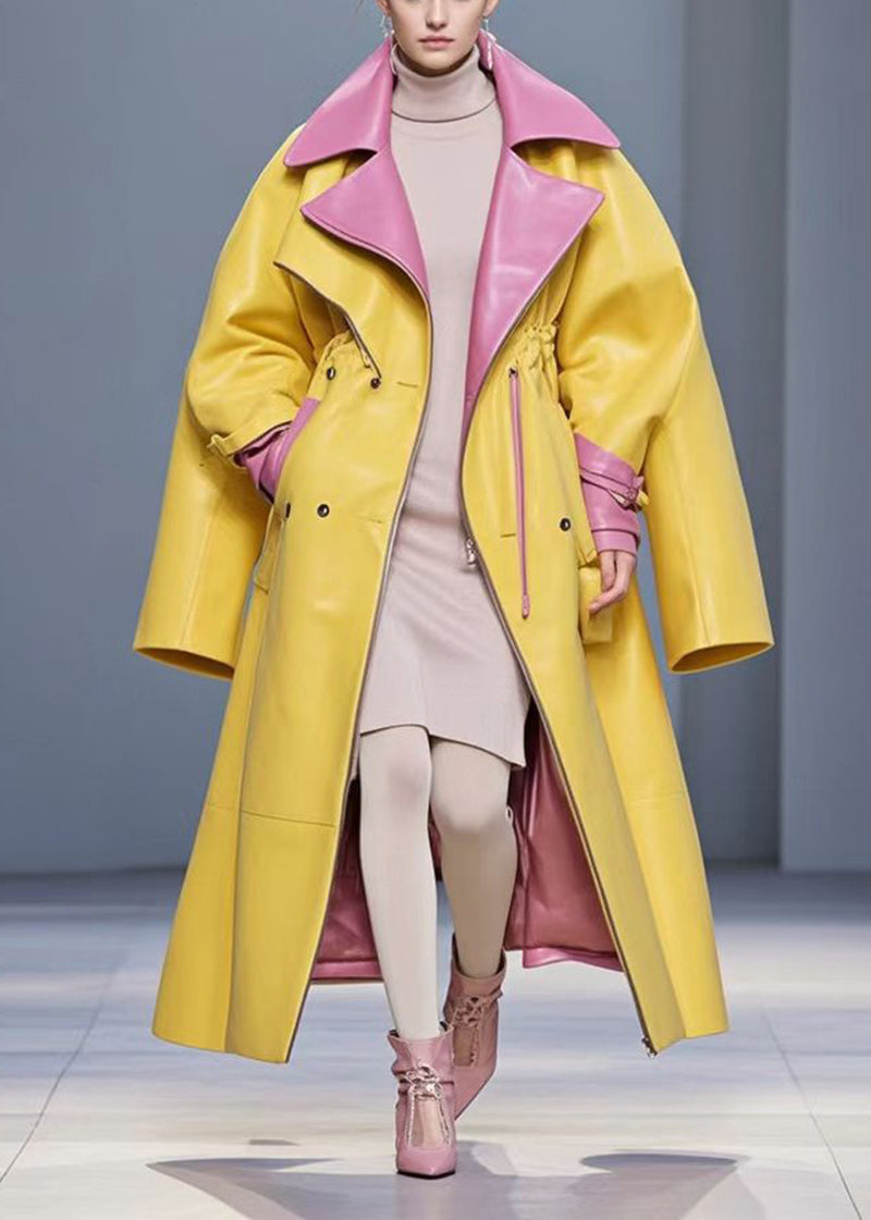 Yellow Cinched Patchwork Faux Leather Coat Fall