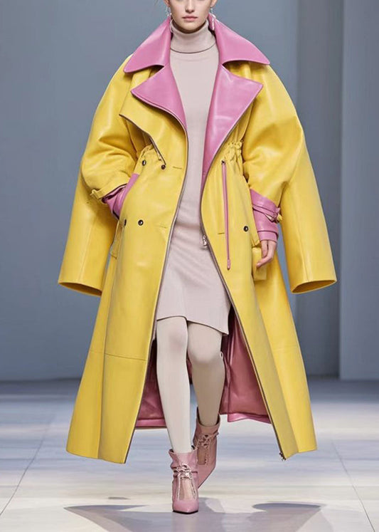 Yellow Cinched Patchwork Faux Leather Coat Fall