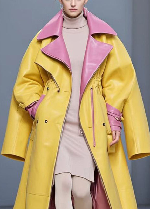 Yellow Cinched Patchwork Faux Leather Coat Fall