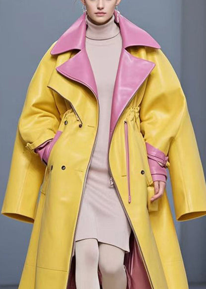 Yellow Cinched Patchwork Faux Leather Coat Fall