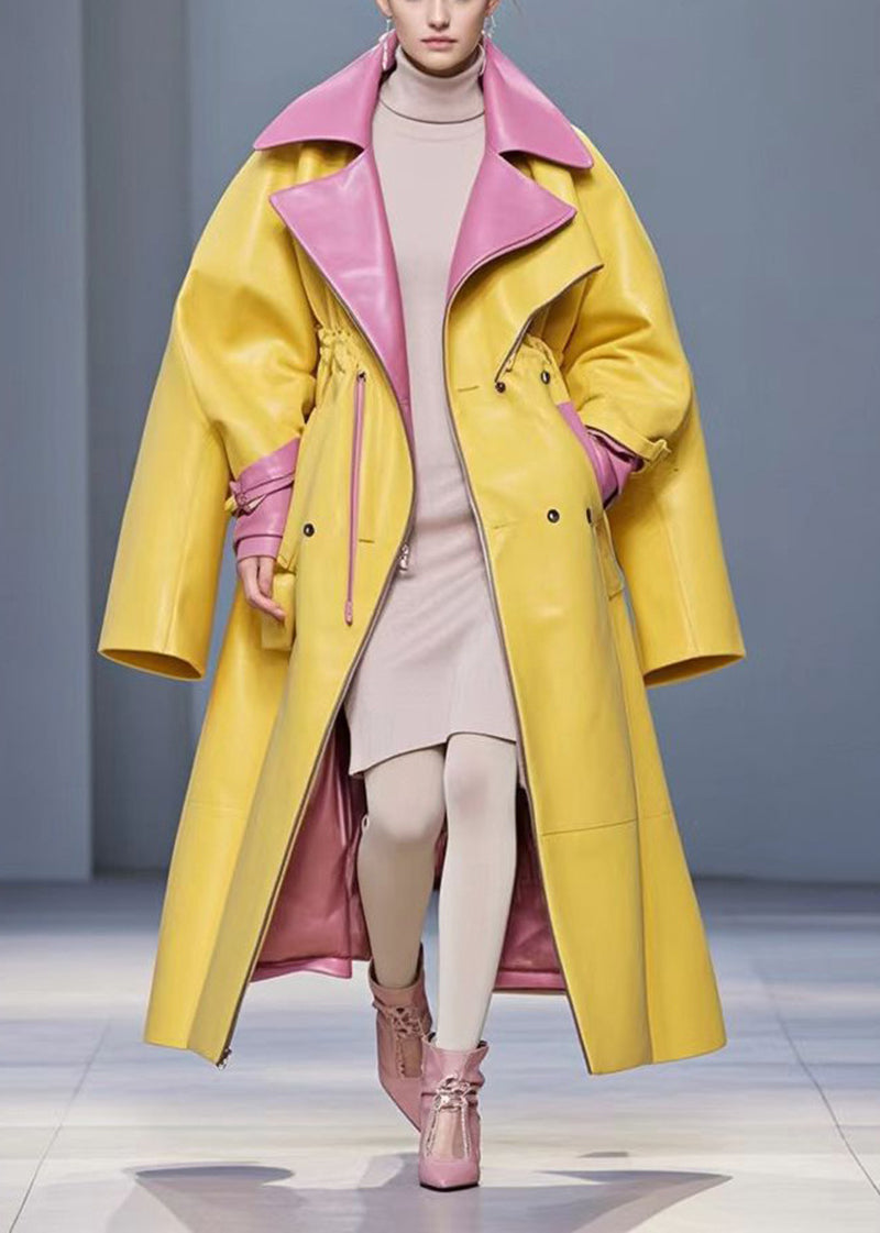 Yellow Cinched Patchwork Faux Leather Coat Fall
