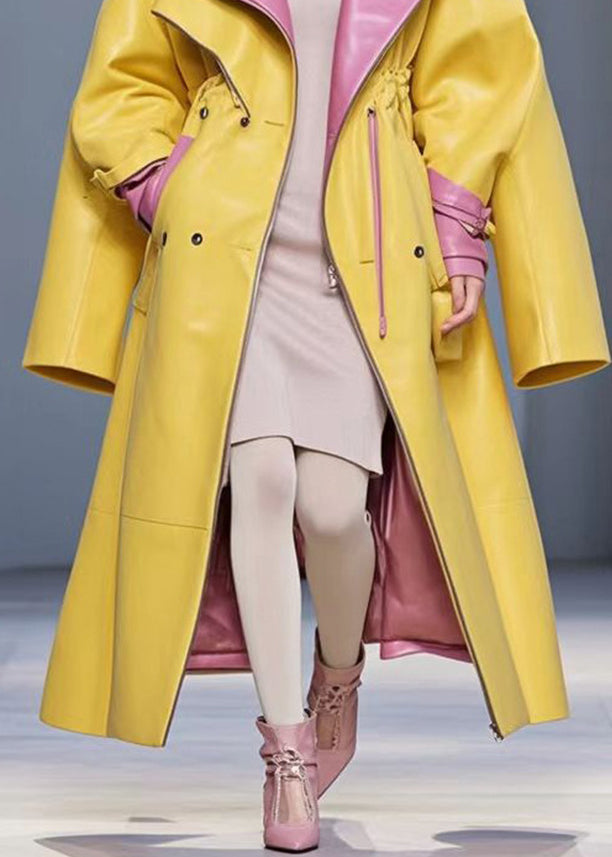 Yellow Cinched Patchwork Faux Leather Coat Fall