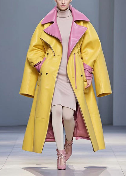 Yellow Cinched Patchwork Faux Leather Coat Fall