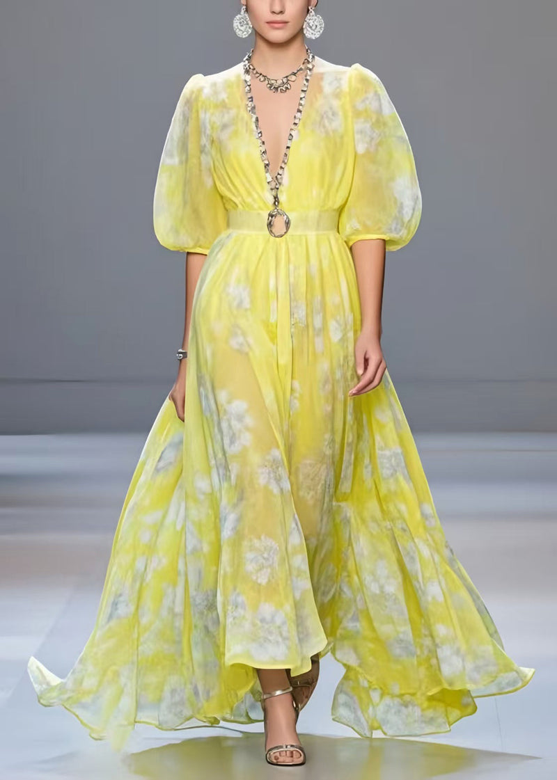 Yellow Cinched Print Chiffon Vacation Dresses Half Sleeve