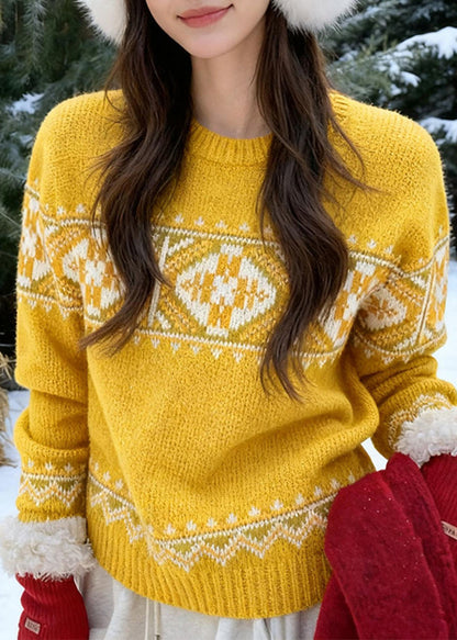 Yellow Cozy Thick Print Cotton Knit Sweaters Spring