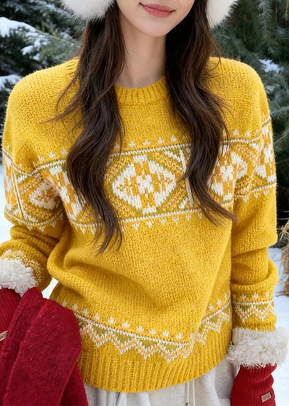 Yellow Cozy Thick Print Cotton Knit Sweaters Spring