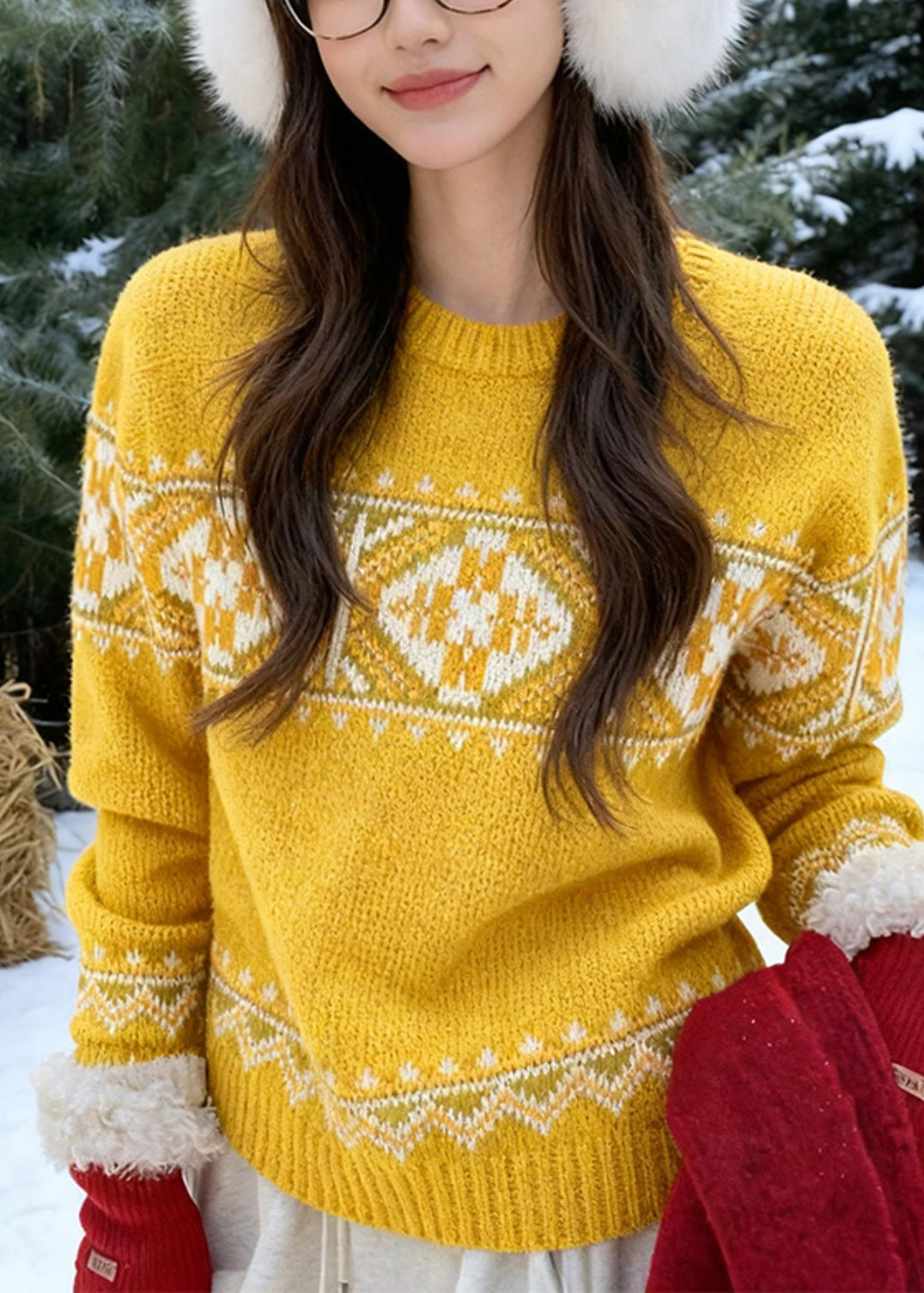 Yellow Cozy Thick Print Cotton Knit Sweaters Spring