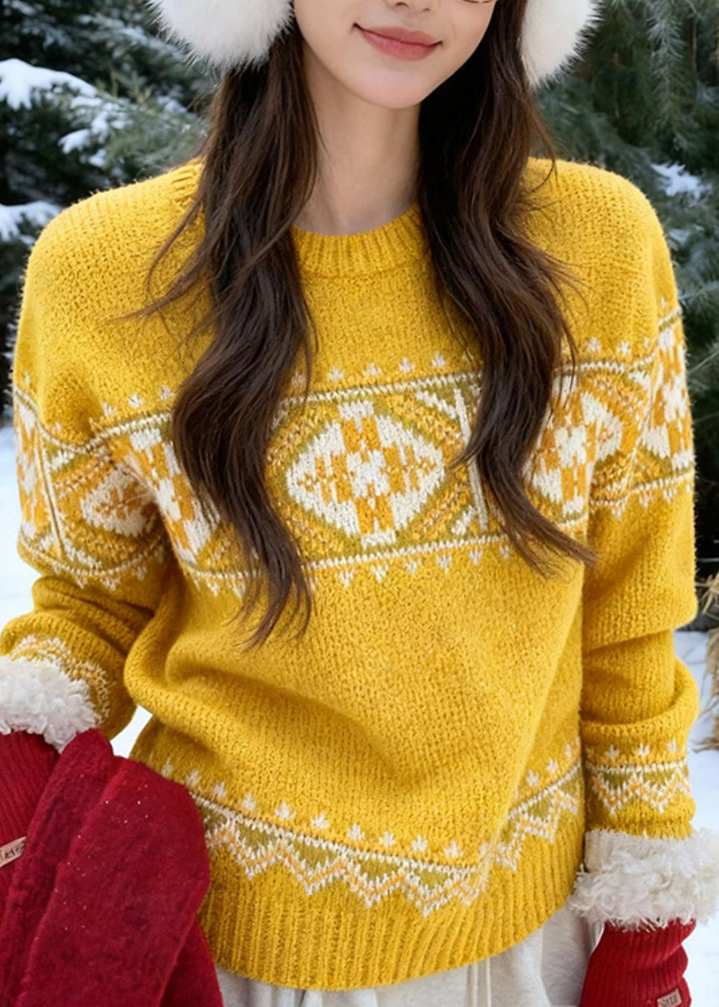 Yellow Cozy Thick Print Cotton Knit Sweaters Spring