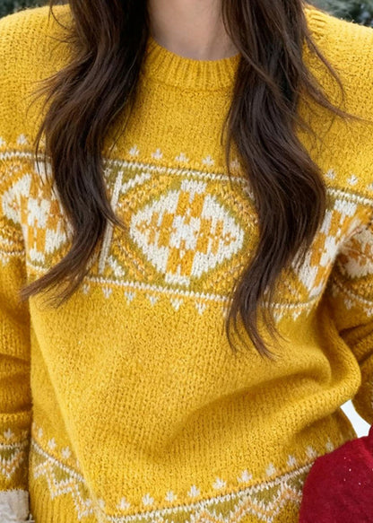 Yellow Cozy Thick Print Cotton Knit Sweaters Spring