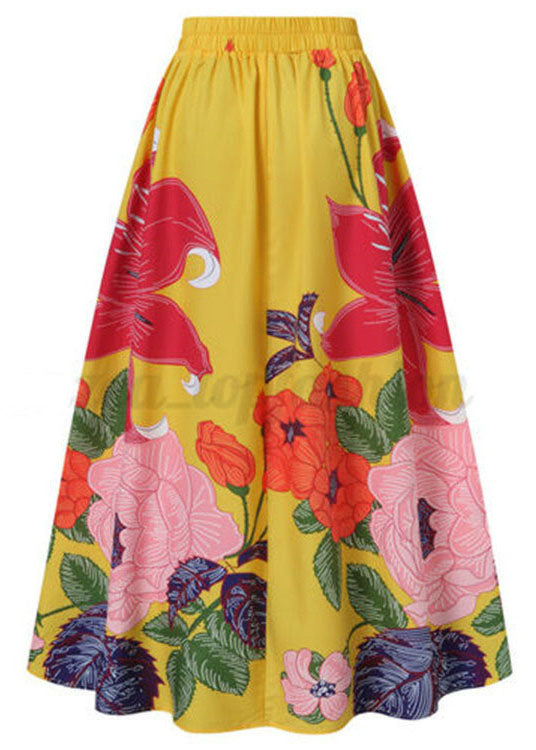 Yellow Elastic Waist Pockets Print Cotton Skirts Summer