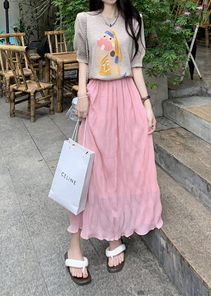 Yellow Elastic Waist Wrinkled Cotton Skirt Summer