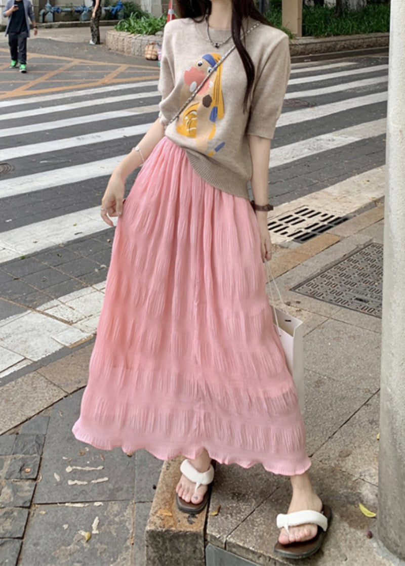 Yellow Elastic Waist Wrinkled Cotton Skirt Summer