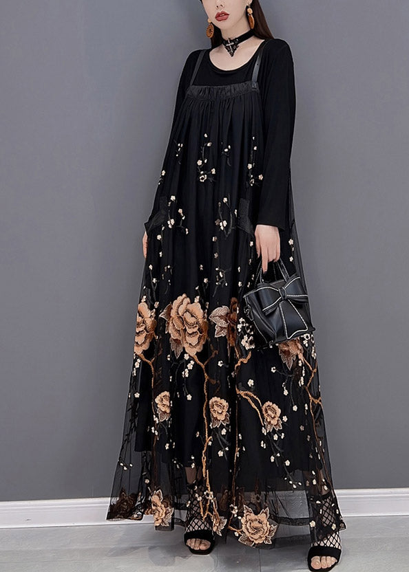Yellow Embroideried Patchwork Tulle Spaghetti Strap Long Dress Two Piece Set Spring