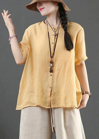 Yellow Loose Linen Summer Shirt Tops