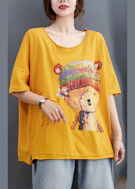 Yellow Loose O-neck Print Fall Tees Half Sleeve